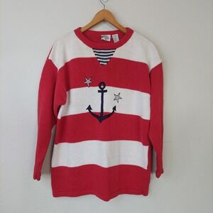Vintage Jason Maxwell Red White Striped Anchor Nautical Sweater Size Large